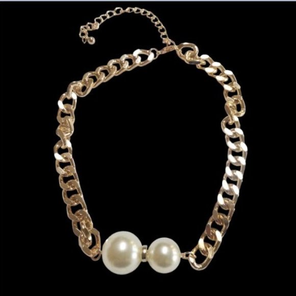 Imitation Pearl Gold Tone Cuban Choker Chain Necklace - Picture 1 of 7